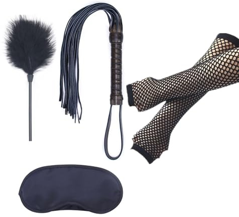 XHBTS 5 Stück Federpeitsche Federkitzler Erotik Leder Paddel Flogger Peitsche mit Spielsatin Augenmaske Augenbinde Netzhandschuhe Sex Spielzeug für Paare, Schwarz