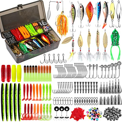 PLUSINNO 292-teiliges Angelzubehör-Set, Angelzubehör-Box mit Angelzubehör, Angelhaken, Angelgewichte, Spinnerklinge, Angelausrüstung für Barsch, Bluegill, Crappie