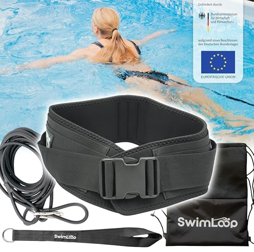SWIMLOOP Premium Schwimmgurt Schwimmtrainer mit 2 x 2 Meter elastischen Gummibändern - Zugseil - Schwimmseil für Pool wie Gegenstromanlage zum Einhängen - Bauchgurt mit Schwimmband Widerstandstraining