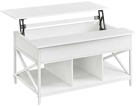 VASAGLE Couchtisch, höhenverstellbarer Wohnzimmertisch, Kaffeetisch, offener und versteckter Stauraum, X-Streben, 60 x 100 x (48-62) cm, schneeweiß-weiß LCT205W46