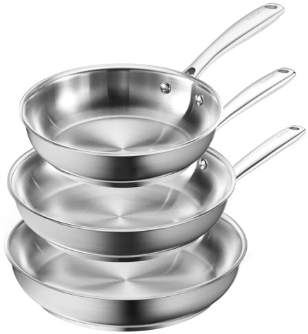 Redchef 3-teiliges Edelstahlpfannen-Set, Unbeschichtet, 20/24/28 cm | Hitzebeständig bis 227 °C, spülmaschinen- und ofenfest, für alle Herdarten, für Steak & Spiegelei, frei von PTFE, PFAS, PFOA.