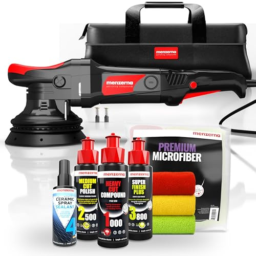 Menzerna Auto Politur Set | Exzenter Poliermaschine MZ-XR mit 125mm Stützteller + 3 x 100ml Politur + Poliertücher + Sprühversiegelung | 15mm Hub 720W
