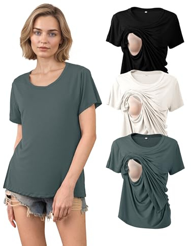 SUNNYBUY Still T-Shirts 3er-Set – Stillshirt Kurzarm für Damen | Sieht aus wie ein normales T-Shirt, Diskreter Stillzugang, Schwangerschaft & Stillzeit
