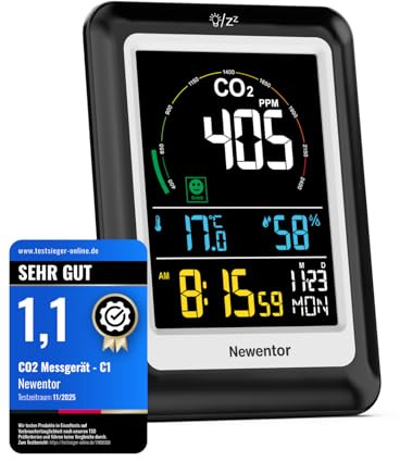 Newentor CO2 Messgerät, 4 CO2-Konzentrationsstufen mit Alarm und Lüftungsempfehlungen, Batteriebetrieb & USB-Anschluss mit 3 Helligkeitsstufen, für Schulen, Büro, Wohnzimmer, NDIR, Schwarz, 1er Pack