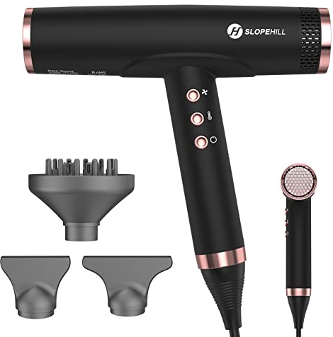 slopehill Professioneller Ionen Haartrockner, 110000RPM, 62dB Leise, 2000W | Intelligente Temp.-Regelung, Keratin ＆ 300 Mio. Ionen, Föhn mit Magnetischer Diffusor für Zuhause, Reisen, Salon (Schwarz)