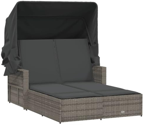vidaXL Doppel-Sonnenliege mit Dach und Auflagen Grau Poly Rattan
