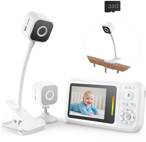 Babyphone mit Kamera Ohne Wlan, 1080P Baby Kamera Monitor mit Halterung & Bettclip, Nachtsicht, 2-Wege Audio, Weinen-Erkennung, 32G Karte, Einfach zu Installierende, Baby Erstausstattung Neugeborene