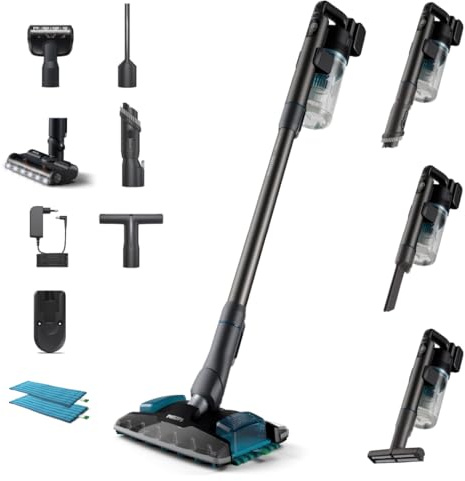 Philips Kabelloser Akku-Staubsauger 8000 Serie Aqua Plus, Staubsaugen und Wischen, PowerCyclone 12, bis zu 80 Min Laufzeit, präzise LED-Düse, Digitales Display, mit 5 Zubehörteilen, Blau (XC8055/01)