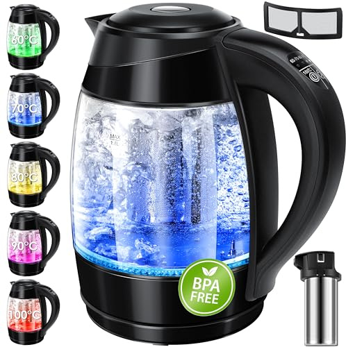 KESSER® Wasserkocher 1,8L Edelstahl mit LED Beleuchtung-Farbe je nach Temperaturwahl 60, 70, 80, 90, 100 °C | Glaswasserkocher, Platzsparend, Warmhaltefunktion inkl. Teesieb-Einsatz und Kalk-Filter
