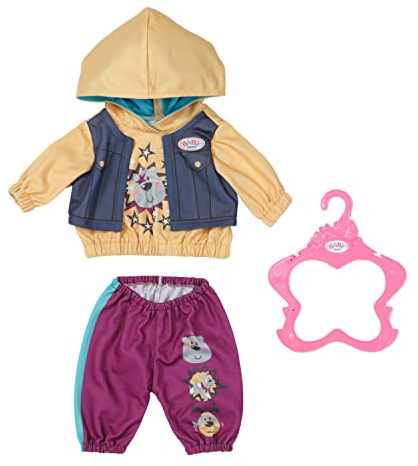 Baby Born 832615 Outfit mit Hoody 43cm - Puppenkleidung Set bestehend aus Hose, Pullover und Kleiderbügel in lila gelb