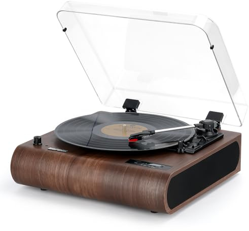 Retrospiler Plattenspieler, 3-Gang-Bluetooth-Plattenspieler mit eingebauten Lautsprechern, FM-Radio, Vinyl-MP3-Codierung, USB- & SD-Wiedergabe, LED-Bildschirm, Holz-Retro-LP-Player