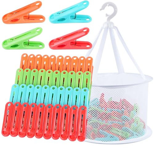60 Stück Wäscheklammer ohne Abdruck mit Wäscheklammerbeutel, Bunte Wäscheklammern Korb, Windfeste Wäscheklammern Korb für Wäscheklammer, Sockenklammern für Wäscheleinen und Kleidung, Socken