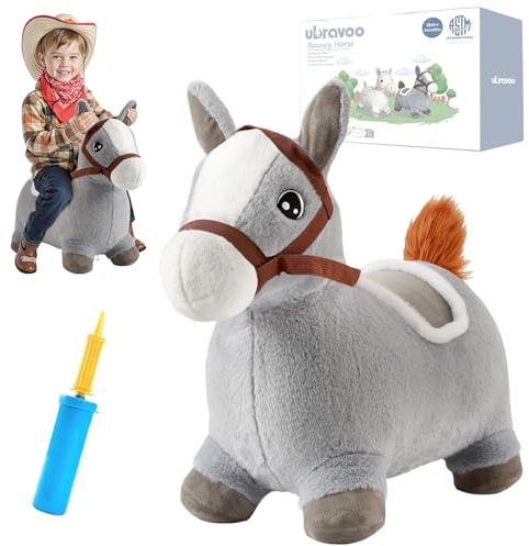 UBRAVOO Hüpf-Tier für Kinder Pferd, aufblasbares Plüschtier Hüpfspielzeug für Kleinkinder, Baby-Geburtstagsgeschenke für Babys im Alter von 18 Monaten bis 4 Jahren (Graues Pony)