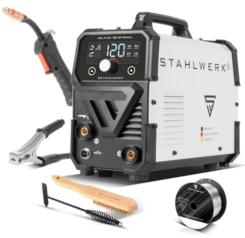 STAHLWERK Schweißgerät Mini FLUX 120 ST Digital – Fülldrahtschweißen (FLUX) ohne Schutzgas bis 120 A, kompakt mit synergischem Drahtvorschub und LED-Licht, Lift-TIG- und MMA-Funktion (E-Hand/ARC)