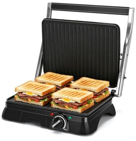 Aigostar Kontaktgrill 2000W, Temperaturkontrolle, Antihaftbeschichtung | Sandwichmaker, 180° klappbar als Tischgrill, Fettauffangschale, Panini Grill für Steaks, Burger & Gemüse | Samson