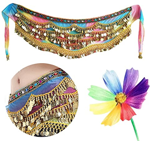 Aatpuss Damen Bauchtanz Hüfttuch Kostüm, Bauchtanz Kostüm mit 245+ Münzen, Bauch Tanz Hüfttuch Orientalischer Tanz Accessoires für Bühnenaufführungen,Geburtstagsaufführungen,Partyaufführungen（Bunt）