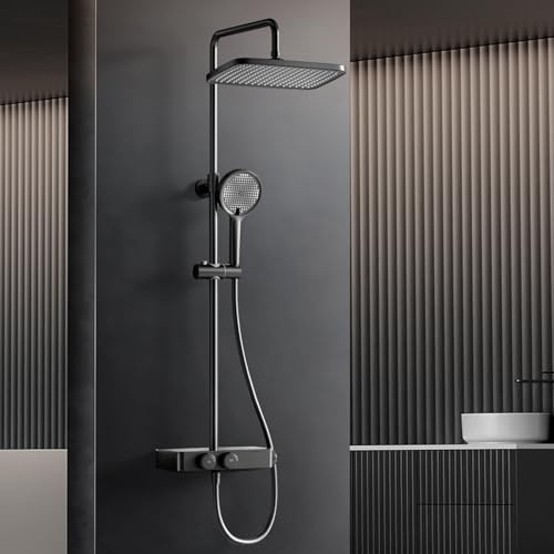 HANLIAN Matt Schwarz Duschsystem mit Thermostat | Regendusche mit Sicherheitssperre, Duschfittings-Set, Regendusche mit Hebeduschstange (Stil L38)