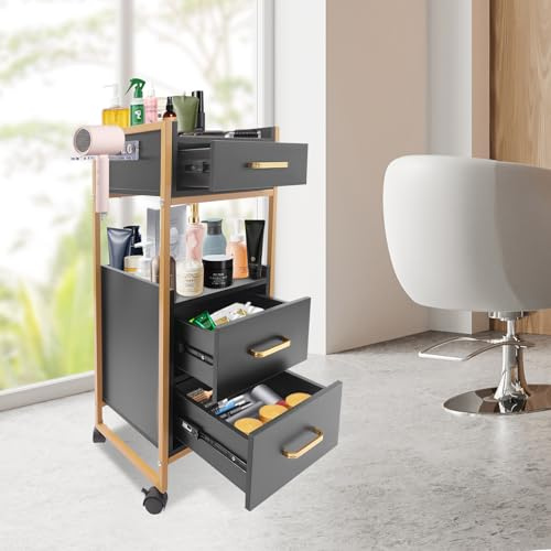 Kosmetikwagen Servierwagen mit Rollen, 3 Schubladen & Föhnhalter, Beistellwagen Salon Trolley Friseurwagen mit Schrank, Moderner Arbeitswagen für Bad Wohnzimmer (Schwarz)