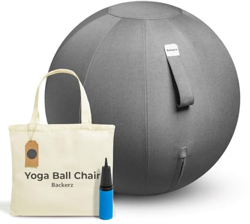 Backerz Sitzball Büro Ergonomisch 65 cm, Ergonomische Sitzmöbel für Büro und Heimbüro, Langlebiger Stoff, Gymnastikball - Fitness-Ball, Ballstuhl mit Ballauflage - Waschbarer Leinenbezug - Dunkelgrau