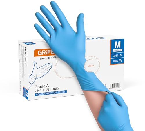 Einmalhandschuhe GRIFEMA, Nitrilhandschuhe Puderfrei & Latexfrei – Einweghandschuhe, Reißfeste Arbeitshandschuhe für Werkstatt, Küche, Industrie, Mechanik & Beauty, 100 Stk, Blaue -M