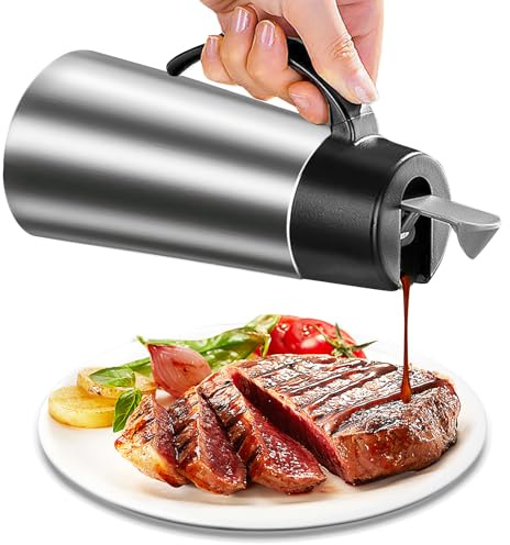 Edelstahl Thermo Sauciere 750ML, Soßenkanne mit Auto Flip Deckel,Ölspender Edelstahl,Soßenschüssel,Silberner Saucenkrug,Thermosoße Topf,Saucenbecher für Olivenöl Vanillesoße Sahne Soße Mayonnaise