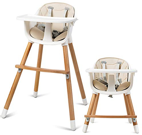 COSTWAY 2-in-1 Babyhochstuhl, Kinderhochstuhl aus Holz, Treppenhochstuhl, Kombihochstuhl Baby, Holzhochstuhl Kinder mit einstellbare Ablage und Fußstütze, für Kleinkinder und Säuglinge