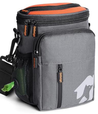 Gobeigo Leckerli-Tasche für 8 Tassen und Trainings-Clicker, Hundetasche mit Handyhalter, integriertem Kotbeutelspender, 3-Wege-Tragbare Haustier-Fanny-Tasche für Outdoor-Reisen (Grau und Schwarz