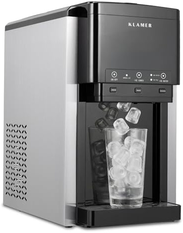 KLAMER 3-in-1 Ice Maker mit Crushed Ice, Wasserspender und Selbstreinigung | Gekühltes Wasser mit 4 bis 8 Grad auf Knopfdruck. Eis-voll-Anzeige und Wassermangelanzeige, Befüllung auch per Wasserleitung