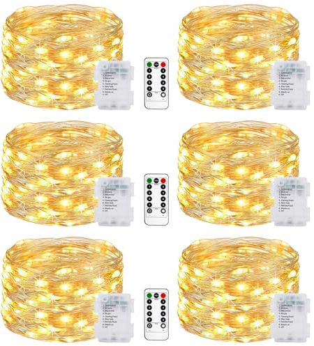 litogo 6 Stück Lichterkette Batterie, 5M 50 LED Lichterkette Batterie mit Timer & Fernbedienung 8 Modi Wasserdicht Warmweiß Lichterketten Draht für Innen/Außen Weihnachten Garten Party Hochzeit Deko