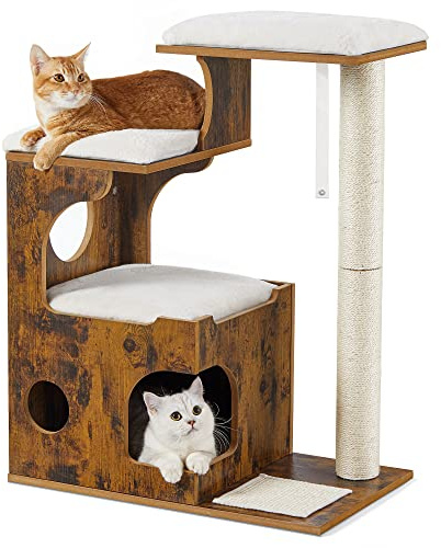 Feandrea Kratzbaum, 86 cm hoher Katzenbaum, Spanplatten-Katzenkratzbaum, mit Höhle, Liegeflächen, Säule und Sisal-Kratzmatte, waschbare Plüschkissen, vintagebraun PCT70HW