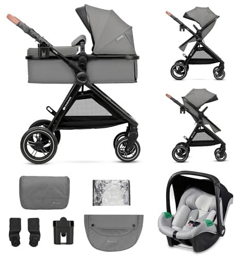Kinderkraft ESME Kinderwagen 3 in 1 komplettset bis 26 kg, Kombikinderwagen reisesysteme mit Babyschale I-size 40-75 cm, Zusammenklappen, Liegeposition, Grau