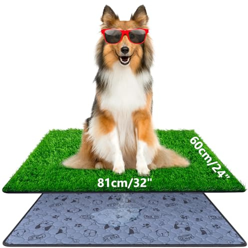 81x60 cm Hundeklo Hundetoilette Welpentoilette mit Kunstrasen, Hochdurchlässiger Hundetoilette Welpenklo Haustiertoilette, mit Waschbar und Wiederverwendbar Trainingsunterlage für drinnen und draußen