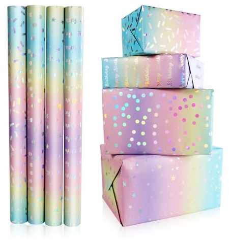 FeinKulturia Geschenkpapier Geburtstag 43 x 300cm, 4 Rollen Glänzende Regenbogenfolie Geschenkpapierrolle Kinder Erwachsene Wrapping Paper für Weihnachten, Hochzeiten, Valentinstag, Party Geschenk