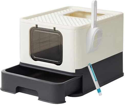 Feandrea Katzentoilette, mit Deckel, ausziehbares Tablett, weniger Spuren | Katzenklo, geräumig für Katzen bis 15 kg, Schaufel, Bürste, auslaufsicherer Boden, beige-schwarz, BOXAL Kollektion PPT001W01