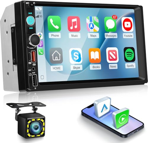 NHOPEEW 2-DIN-7-Zoll-Autoradio mit kabellosem CarPlay und Android Auto – Doppel-DIN-Radio mit Lenkradsteuerung, FM, Online-Video, Zwei USB-Anschlüssen, AUX-Typ-C und Rückfahrkamera