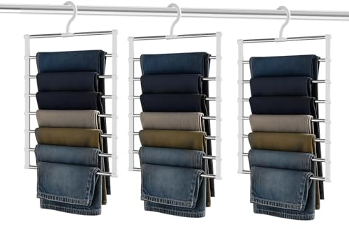 Hosenbügel platzsparend & Kleiderbügel platzsparend, 3 Stück 7-in-1 Hosenträger aus Edelstahl & Kunststoff, stabile Faltbare Kleiderbügel Hosen für Jeans, Schals und Schrank-Organisation, Weiß