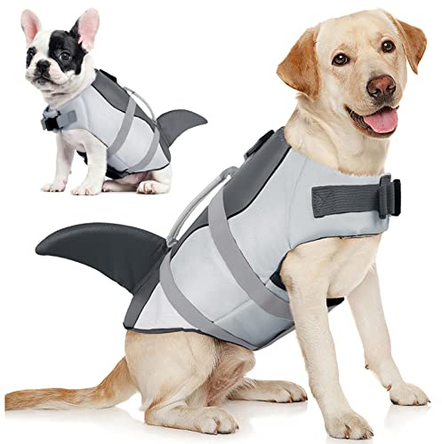 AOFITEE Schwimmweste Hund Mittel, Hoher Auftrieb Hundeschwimmweste Hai, Verstellbar & Ripstop Rettungsweste für Hunde mit Griff, Sicher Reflektierende Schwimmweste Französische Bulldogge, Grau, M