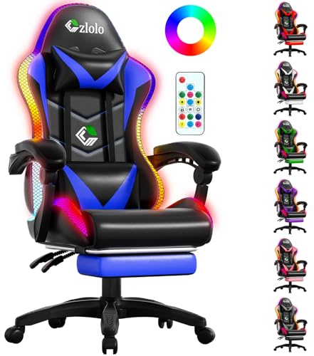 Czlolo Gaming Stuhl, RGB LED-Licht Gaming Sessel mit Fußstützen, Ergonomische Bürostuhl, Gaming PC Chair für Erwachsene und Kinder, Computer Stuhl mit Kopfstütze und Massge, Höhenverstellbar, Blau
