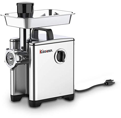 Kitchener Elektrischer Fleischwolf, 370-W-Motor, Edelstahl, 230-V-Betrieb | Robust und langlebig; Metallgetriebe, Edelstahlmesser und abnehmbare Fleischwanne; inkl. 3 Wurstfüllrohre