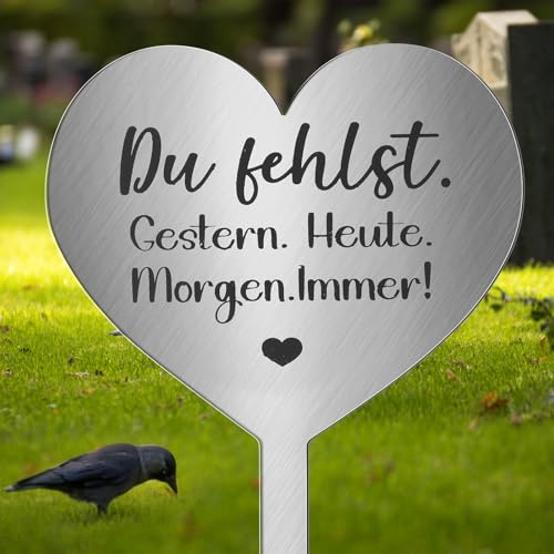 Photect Grabschmuck Wetterfest Grabstecker Metall Herz mit Spruch Du Fehlst. Gestern. Heute. Morgen. Immer! Urnengrab Deko Weihnachten Grabdekoration Wetterfest Herz zum Erinnerung Andenken Trauer