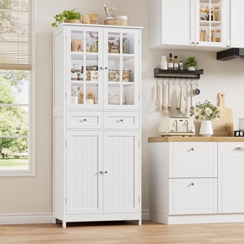 HOCSOK Küchenschrank, 180 cm Buffetschrank mit 2 Glastüren, Hochschrank mit 4 Türen und 2 Schubladen, Vorratsschrank Küche für Esszimmer, Wohnzimmer, Badezimmer, Weiß