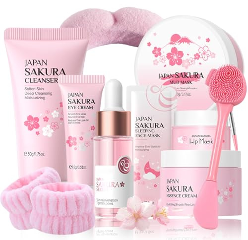 Sakura Skin Care Set Geschenk für Frauen - Skincare Set 10 Stück - Hautpflege Beauty set Mädchen - Feuchtigkeit, Anti Aging & Nährend - Pflegeset für Frauen Mit Cleanser,Serum,Creme,Schlammmaske