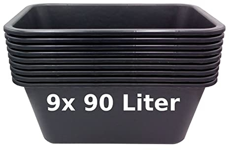 Mörtelwanne 90 Liter 9er Set Mörtelkasten Rechteckig Schwarz Profi Bauwanne | BURI Maurerkübel Made in Germany als extrem robuste Bauwanne und Pflanzwanne für Baustelle, Garten und Handwerk