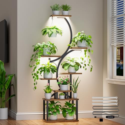 BACEKOLL Pflanzenständer mit Wachstumslicht - 8 Ebenen Blumenständer 157cm Metall Holz Pflanzenregal - Innen & Außen Blumentreppe - Dekoratives Schwarz Blumenregal für Innen Garten Balkon
