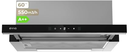 EVVO Dunstabzugshaube, 60 cm, ausziehbar, Leistung 550 m³/h, LED-Licht, Aluminium- und Kohlefilter, Gestensteuerung, Edelstahl-Finish vorne, schwarzes Glas, Energieeffizienzklasse A++, 3
