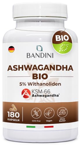 Bandini® Bio Ashwagandha KSM-66® - 180 Kapseln aus Withania Somnifera Pulver mit 5% Witanoliden - Hochdosiert mit 500mg je Kapsel – Hochwertige indische Schlafbeere - 6 Monate Vorrat - 100% Vegan