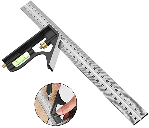 Kombiwinkel 12 Zoll/300mm Edelstahl Anschlagwinkel Holzbearbeitung | Tischlerwinkel 45/90 Grad Verstellbar mit Wasserwaage, Schreinermessgerät für Genaue Holzbearbeitung Messung
