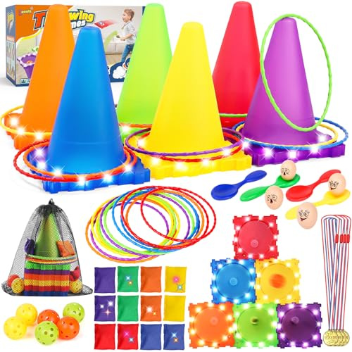 Eocolz Light Up Pylonen Kinder Outdoor Spiele Wurfspiel Cornhole Spiel Outdoor Gartenspielzeug Ringwurfspiele Kinder Kegelspiel Parcours Sitzsäcken Bällen Eierlauf Rasenspiel Geburtstagsfeier/Ostern