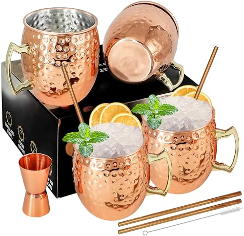 Moscow Mule Kupferbecher-Set mit 4 Premium Moscow Mule Becher 54cl/540ml 4 Stück Becher aus verkupfertem Edelstahl Großartig für Cocktail Gekühlte Getränk mit 1/0.5oz Double Jigger Löffel Strohhalme