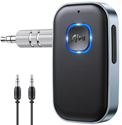 Glangeh Bluetooth 5.3 Adapter Auto, Upgraded Lärmminderung 3,5mm Aux Bluetooth Adapter, 16H Standby Empfänger Receiver Klinke für Auto Audio System, Kopfhörer, Speaker, Stereo-Endstufen (Grau)